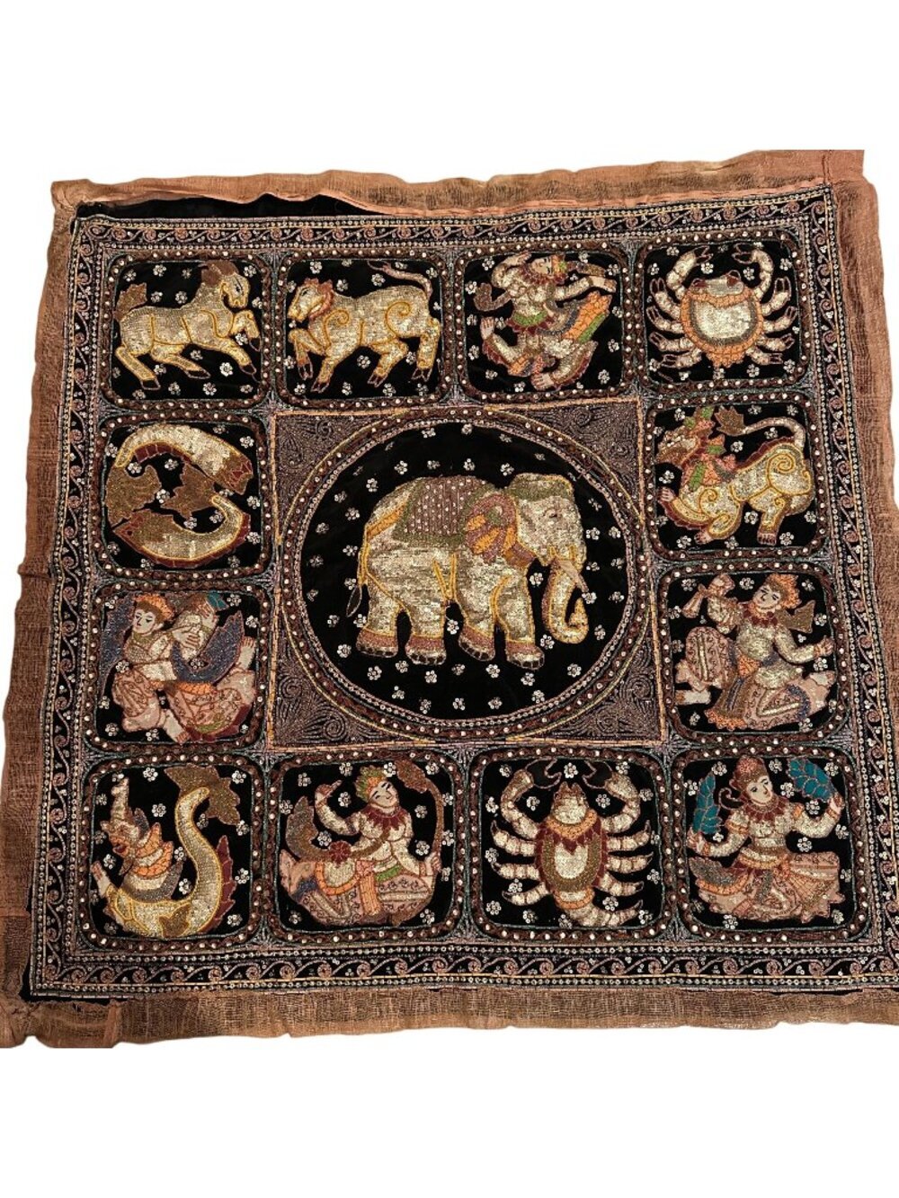 Indian Thai Zodiac Tapestry Vintage Zodiac Wall Decor Sequin Hand Embroidered